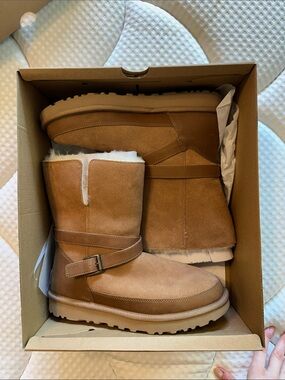 UGG Chestnut Suede Shearling Short Bellina Belted Boots
